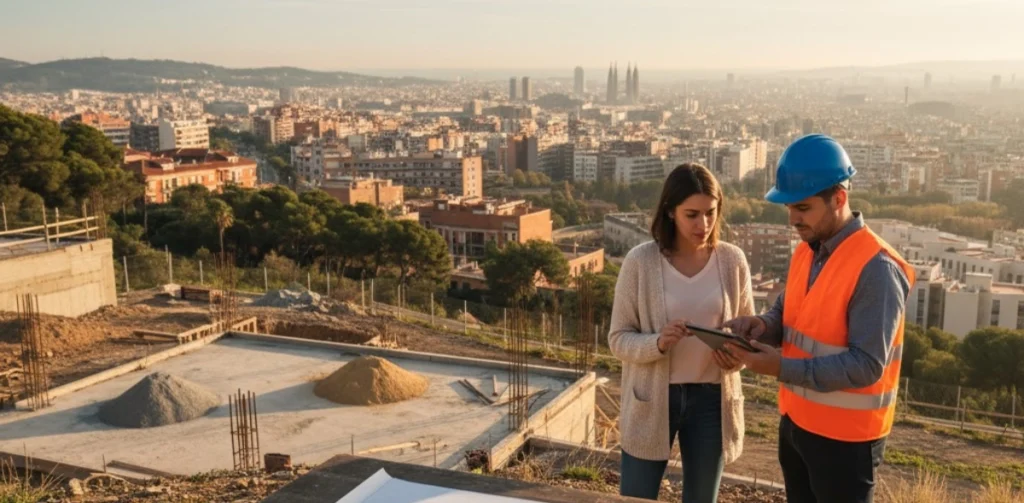 Arquitecto revisando planos en un solar edificable en Barcelona con edificios de fondo.