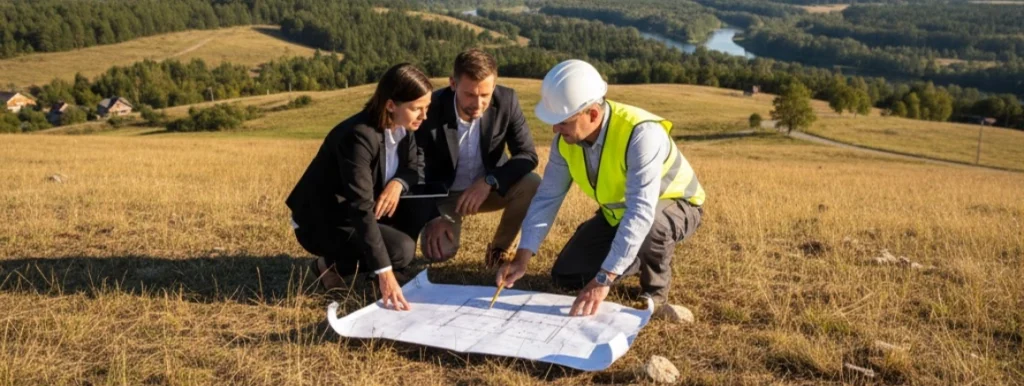 Arquitecto y clientes analizando un terreno edificable en zona verde o rural.