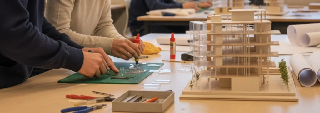 Dos estudiantes de arquitectura trabajando en una maqueta detallada en el taller de su residencia en Barcelona